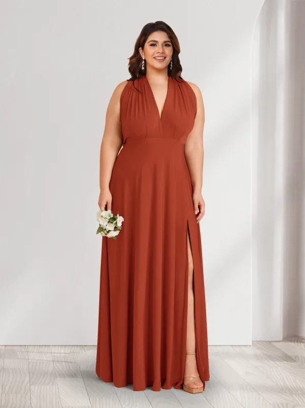 A-Line/Princess V-Neck Halter Plus Size Bridesmaid Dresses with Split Side sold by Lavetir