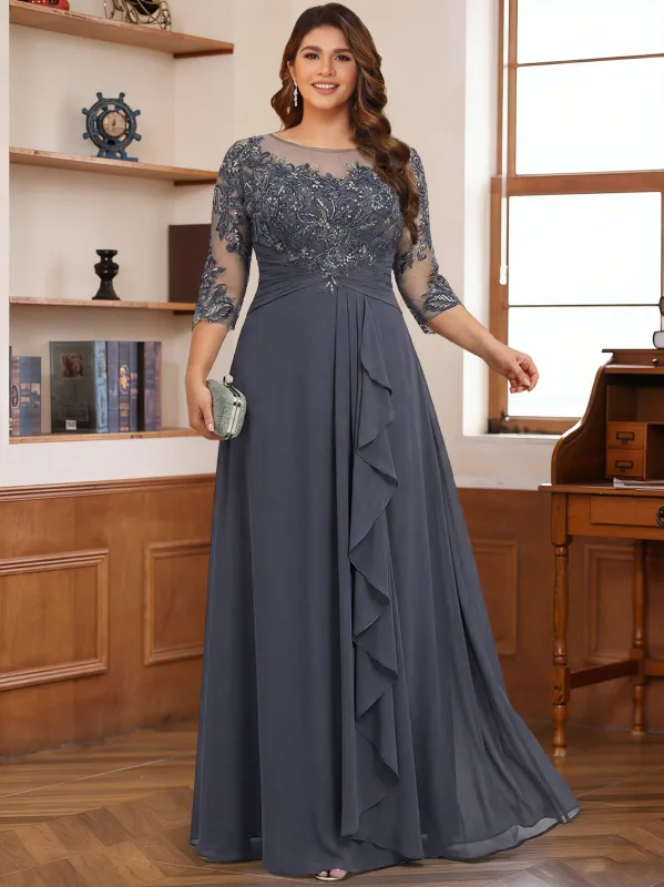 Chiffon A-Line/Princess Scoop 3/4 Sleeves Plus Size Mother of the Bride Dresses with Appliques & Ruffles sold by Lavetir