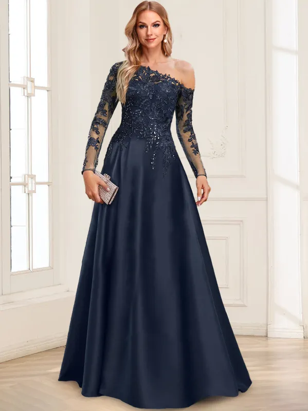 A-Line One-Shoulder Long Sleeves Floor-Length Mother of the Bride Dresses with Appliques sold by Lavetir