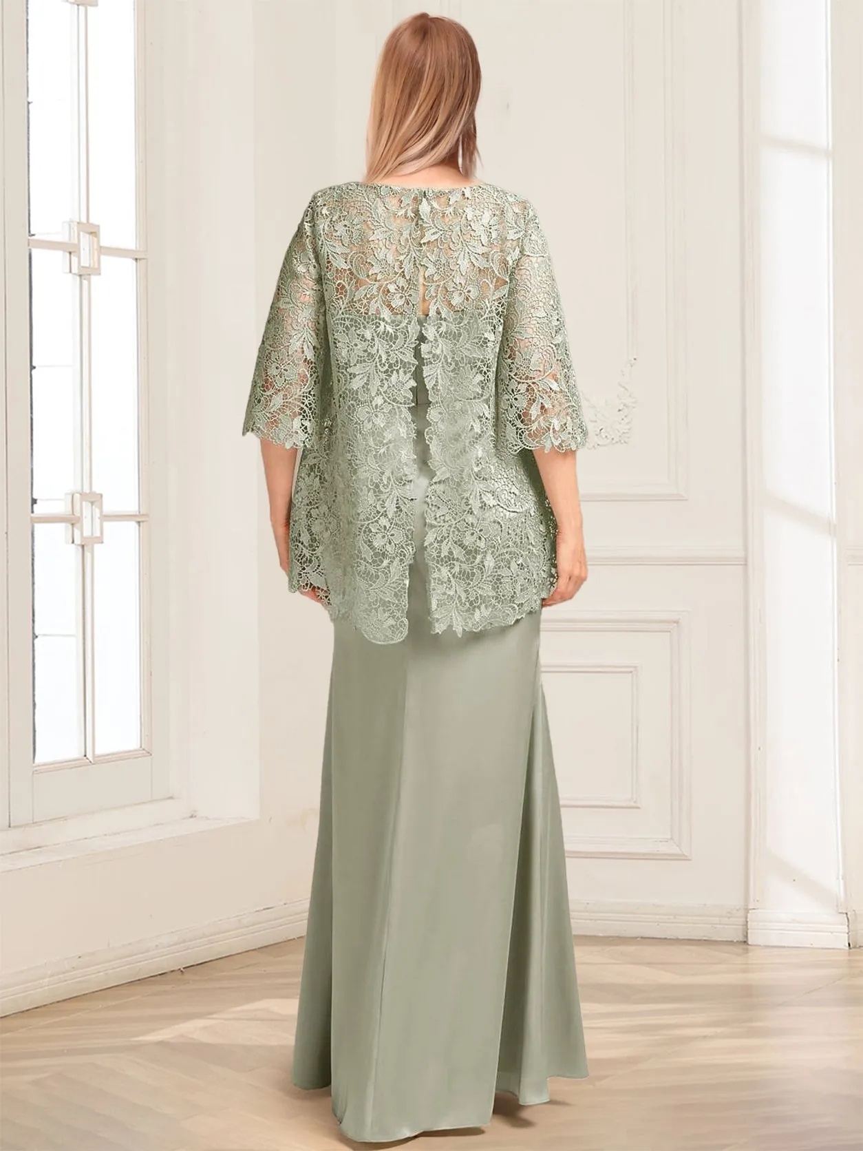 Lace Sheath/Column Crew Neck Half Sleeves Mother of the Bride Dresses sold by Lavetir product image thumbnail 2