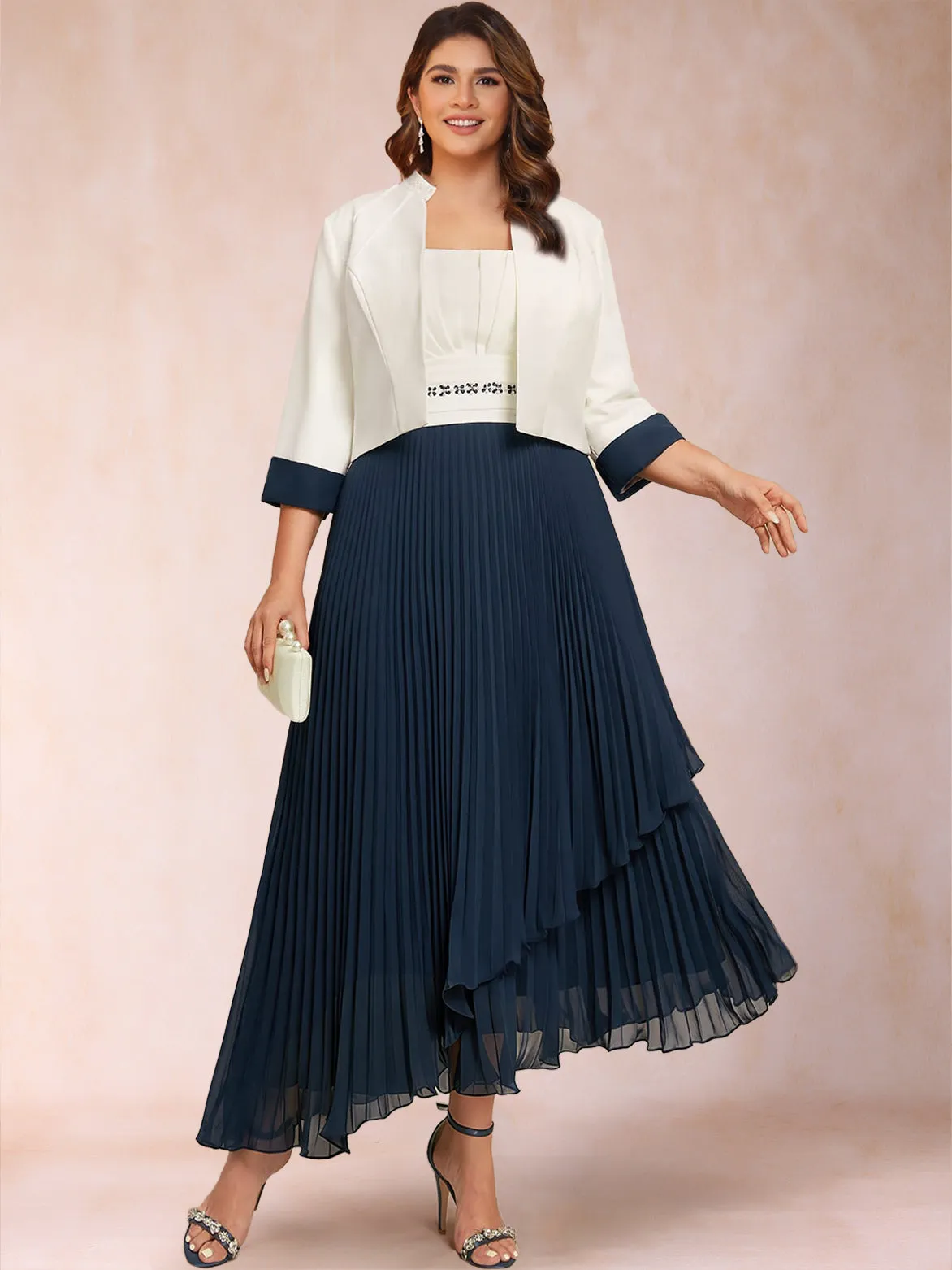 A-Line Square Neck Half Sleeves 2 Pieces Plus Size Mother of the Bride Dresses with Pleats & Sequins sold by Lavetir