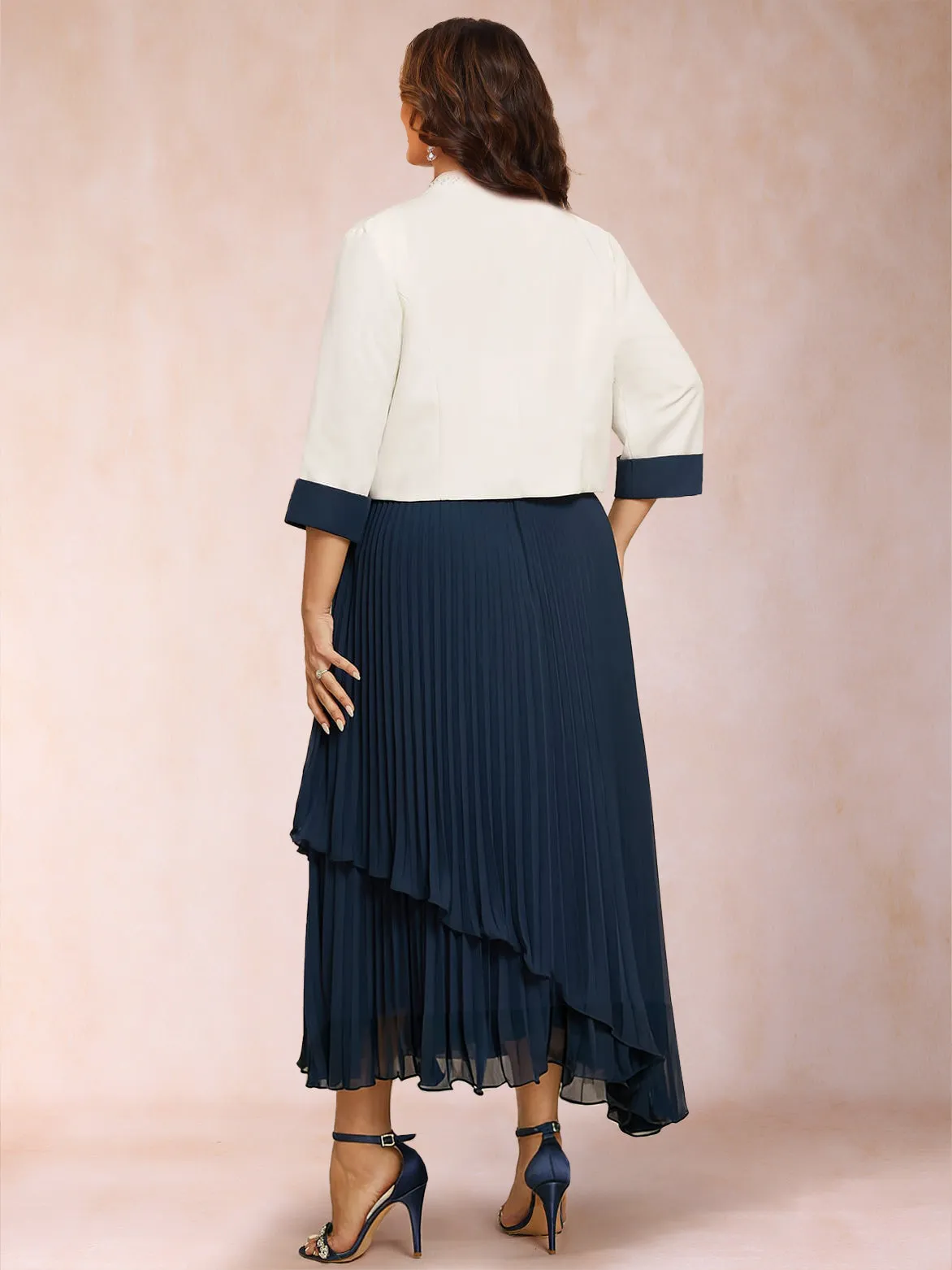 A-Line Square Neck Half Sleeves 2 Pieces Plus Size Mother of the Bride Dresses with Pleats & Sequins sold by Lavetir product image thumbnail 2