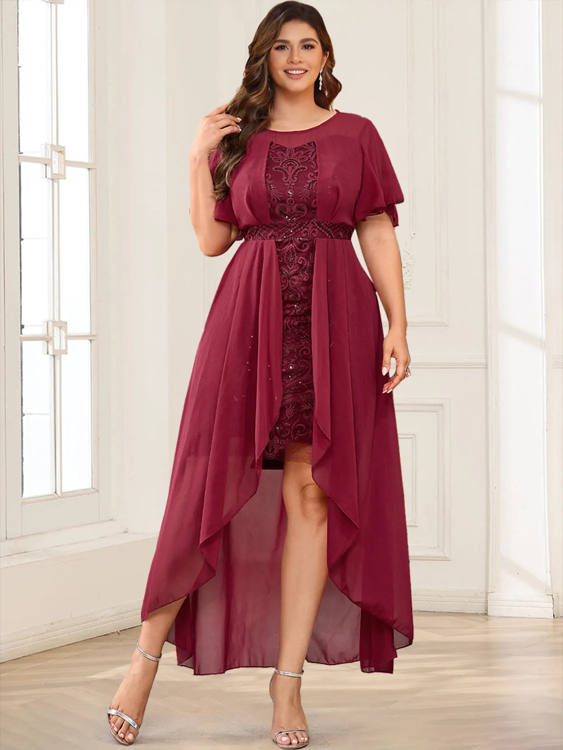 Chiffon A-Line/Princess Crew Neck Short Sleeves Plus Size Mother of the Bride Dresses With Lace sold by Lavetir