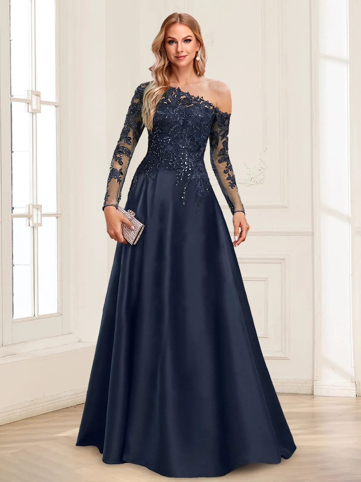 A-Line/Princess One-Shoulder Long Sleeves Floor-Length Mother of the Bride Dresses with Appliques sold by Lavetir