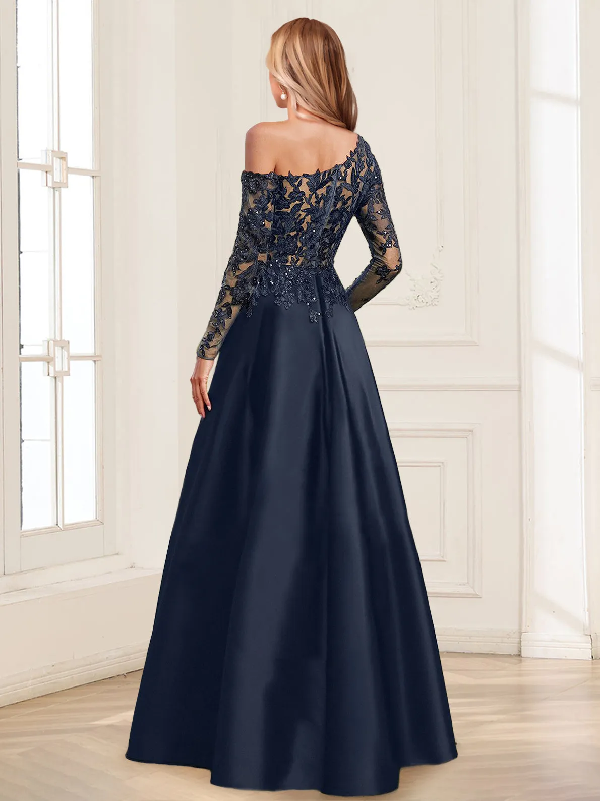 A-Line/Princess One-Shoulder Long Sleeves Floor-Length Mother of the Bride Dresses with Appliques sold by Lavetir product image thumbnail 2