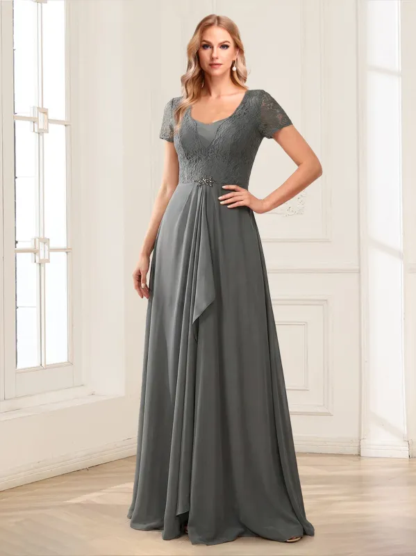 A-Line/Princess Scoop Short Sleeves Floor-Length Mother of the Bride Dresses with Lace made by Lavetir