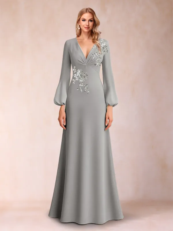 A-Line/Princess V-Neck Long Sleeves Floor-Length Mother of the Bride Dresses with Embroidery sold by Lavetir
