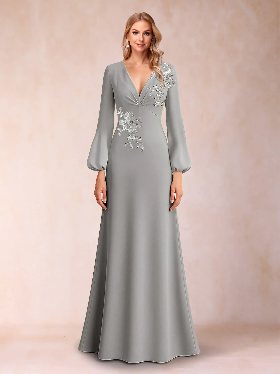 A-Line/Princess V-Neck Long Sleeves Floor-Length Mother of the Bride Dresses with Embroidery sold by Lavetir