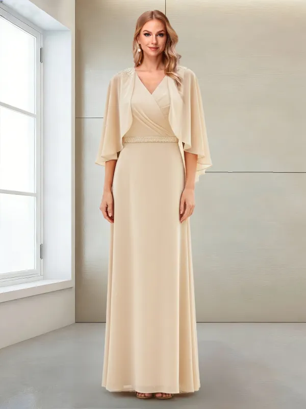A-Line/Princess V-Neck Half Sleeves Floor-Length Mother of the Bride Dresses with Beading & Applique made by Lavetir