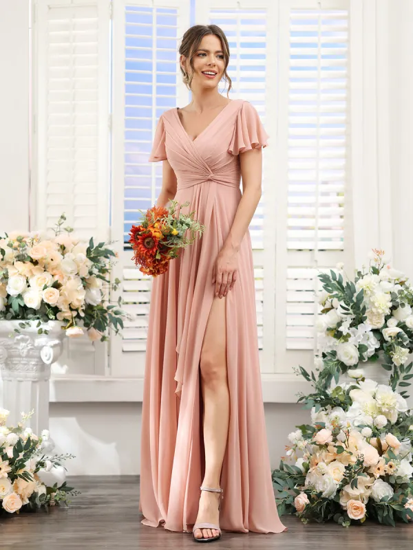 A-Line V-Neck Short Sleeves Split Side Chiffon Bridesmaid Dresses sold by Lavetir
