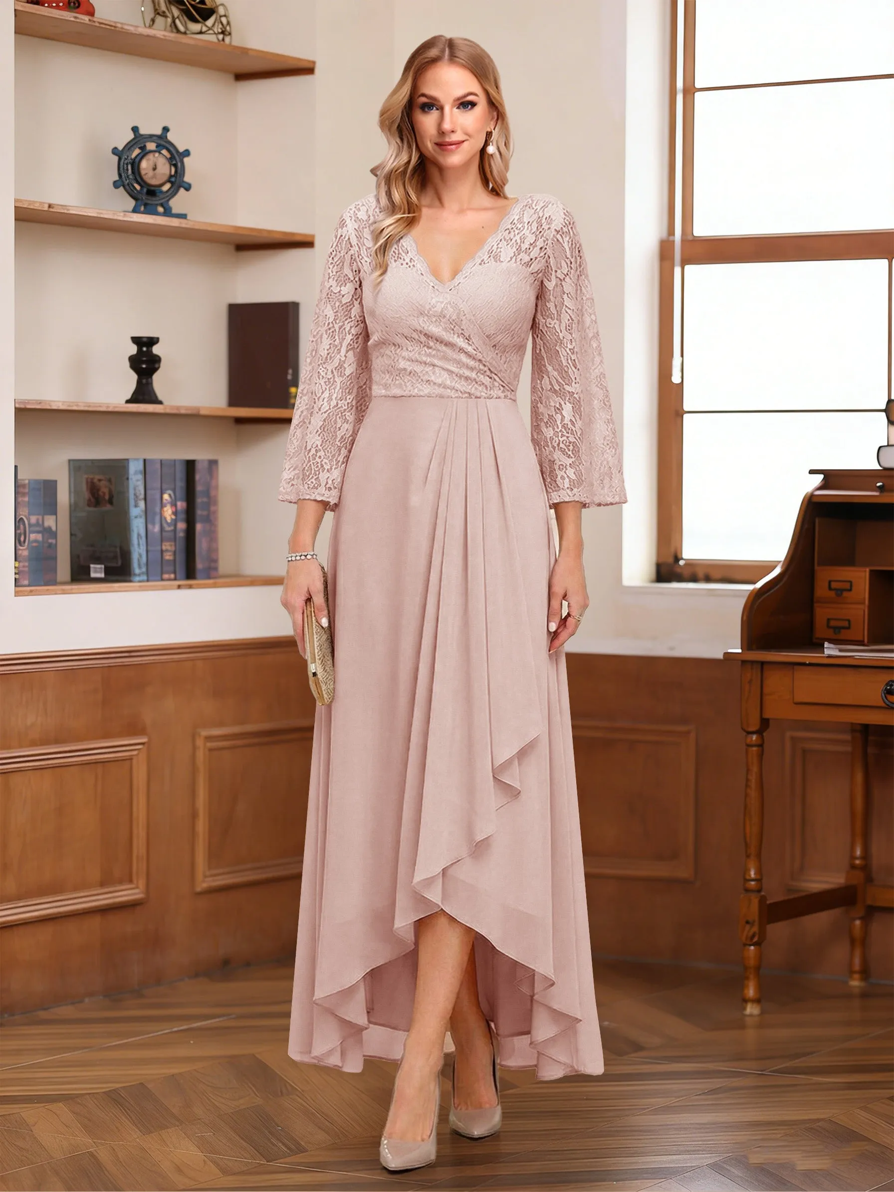 A-Line/Princess 3/4 Sleeves Asymmetrical Mother of the Bride Dresses with Lace & Ruffles sold by Lavetir