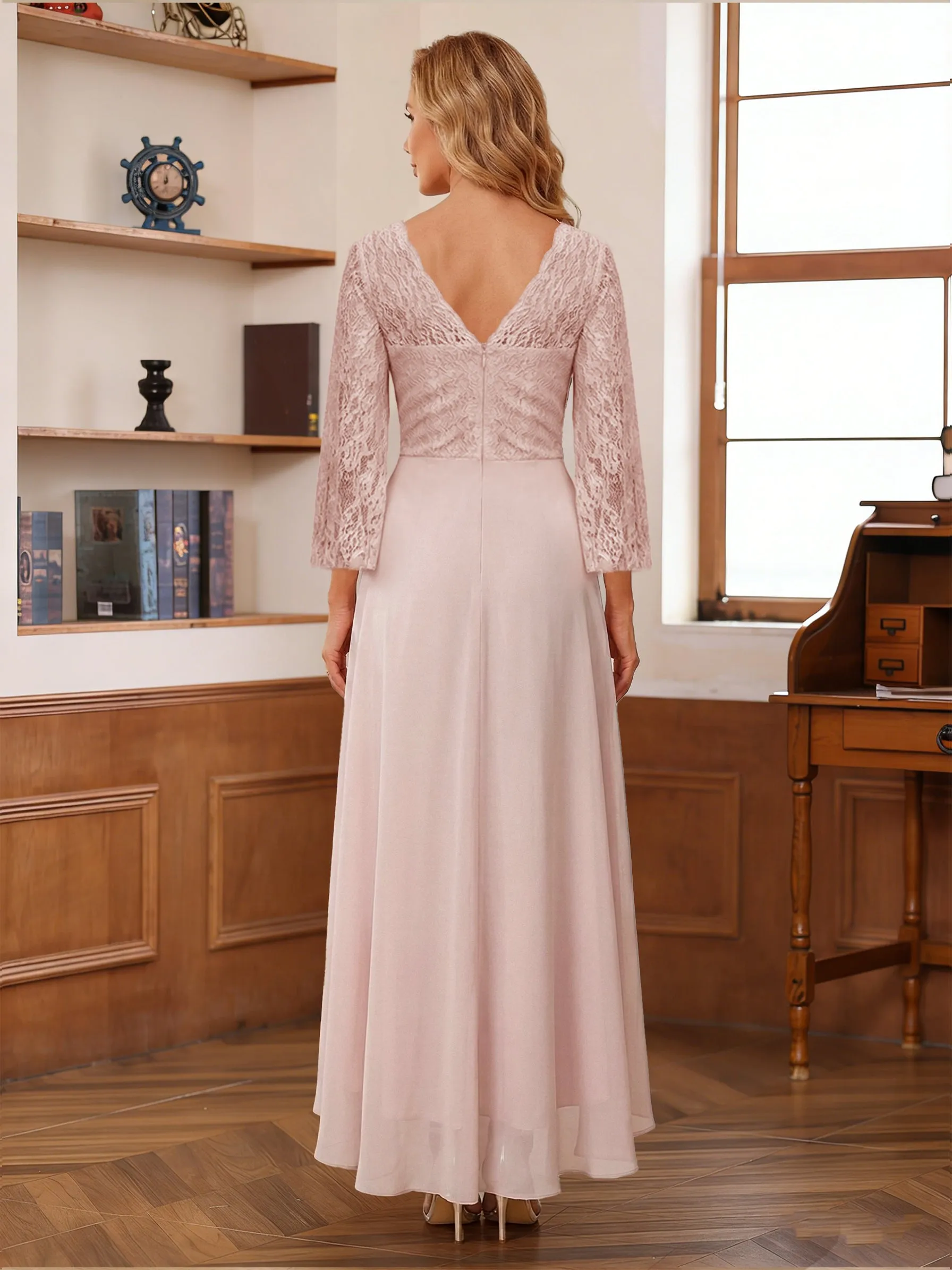 A-Line/Princess 3/4 Sleeves Asymmetrical Mother of the Bride Dresses with Lace & Ruffles sold by Lavetir product image thumbnail 2