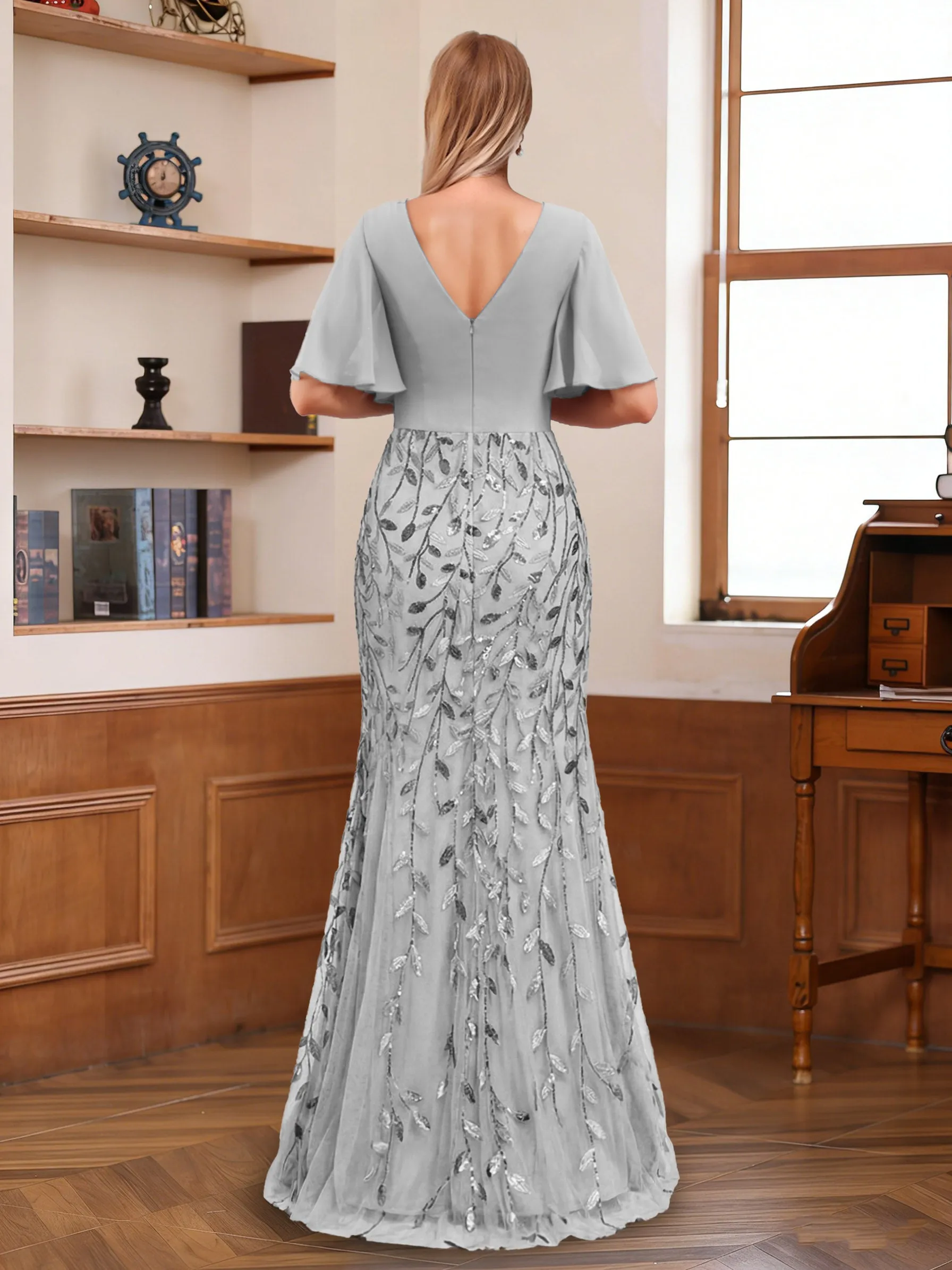 Trumpet/Mermaid V-Neck Half Sleeves Floor-Length Mother of the Bride Dresses with Appliques sold by Lavetir product image thumbnail 2