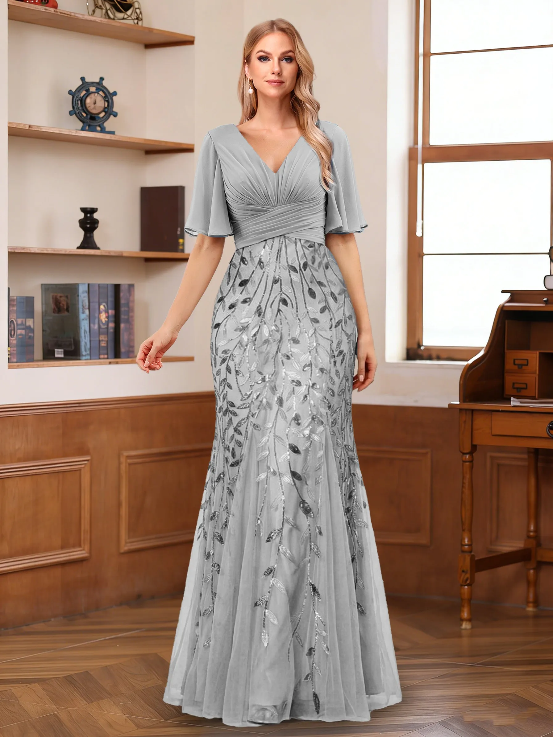 Trumpet/Mermaid V-Neck Half Sleeves Floor-Length Mother of the Bride Dresses with Appliques sold by Lavetir