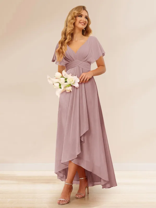 A-Line/Princess V-Neck Short Sleeves Asymmetrical Chiffon Bridesmaid Dresses with Ruffles & Ruched sold by Lavetir
