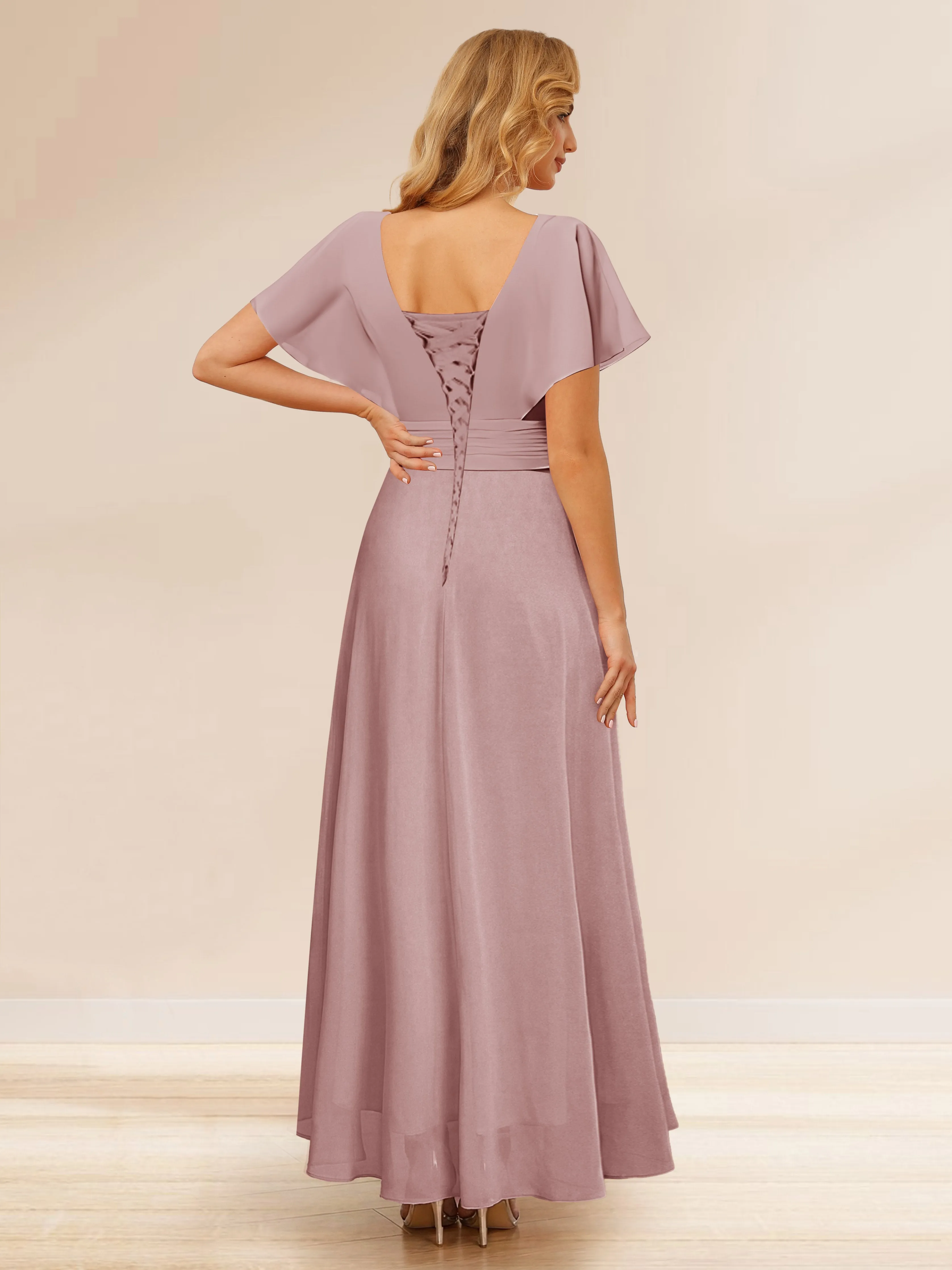 A-Line/Princess V-Neck Short Sleeves Asymmetrical Chiffon Bridesmaid Dresses with Ruffles & Ruched sold by Lavetir product image thumbnail 2