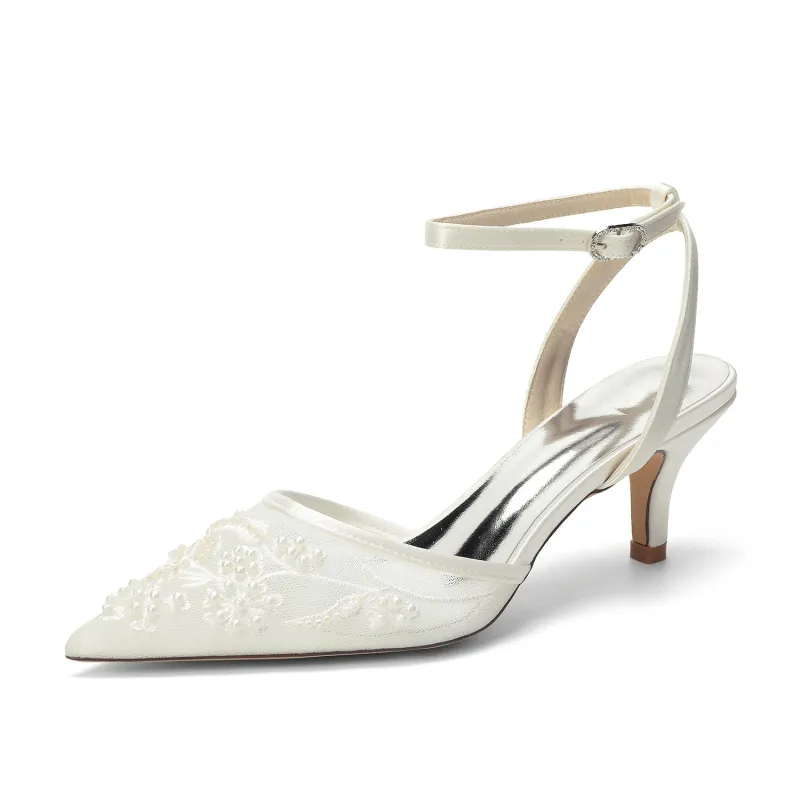 Women's Lace Silk Satin With Closed Toe Ankle Strap Stiletto Heel Evening Shoes made by Lavetir