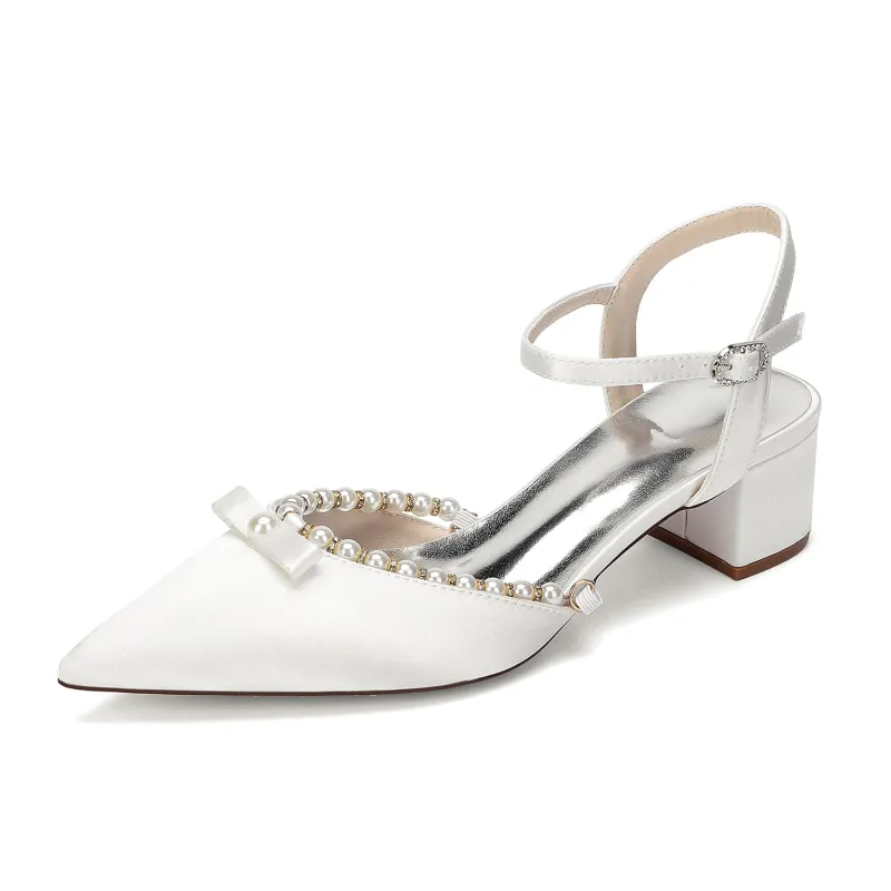 Women's Silk Satin With Closed Toe Ankle Strap Chunky Heel Evening Shoes With Rhinestone & Bowknot made by Lavetir