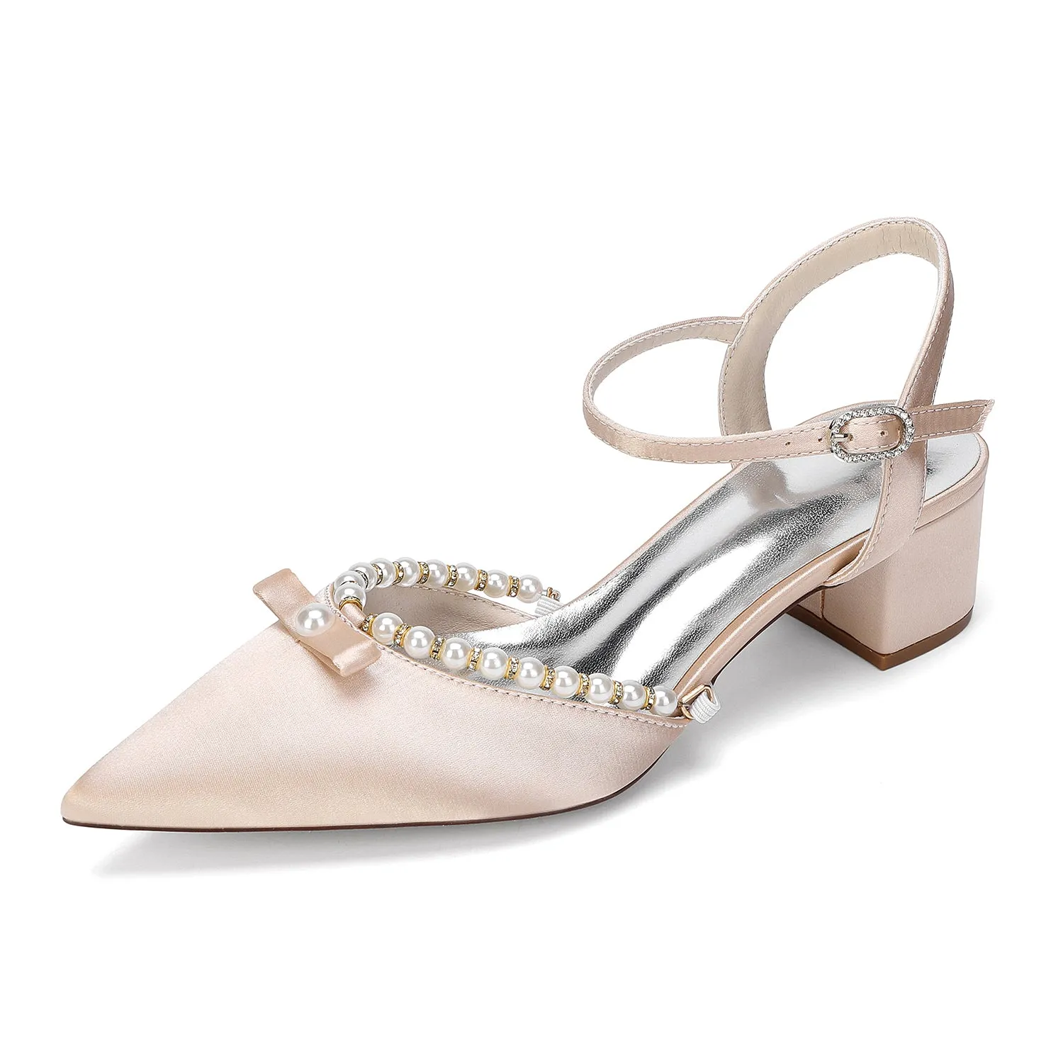 Women's Silk Satin With Closed Toe Ankle Strap Chunky Heel Evening Shoes With Rhinestone & Bowknot sold by Lavetir product image thumbnail 3