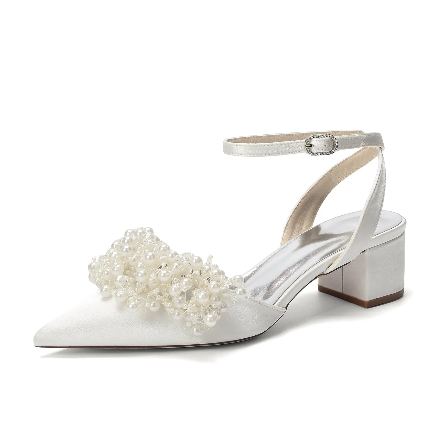 Women's Silk Satin With Closed Toe Ankle Strap Chunky Heel Evening Shoes With Beading sold by Lavetir