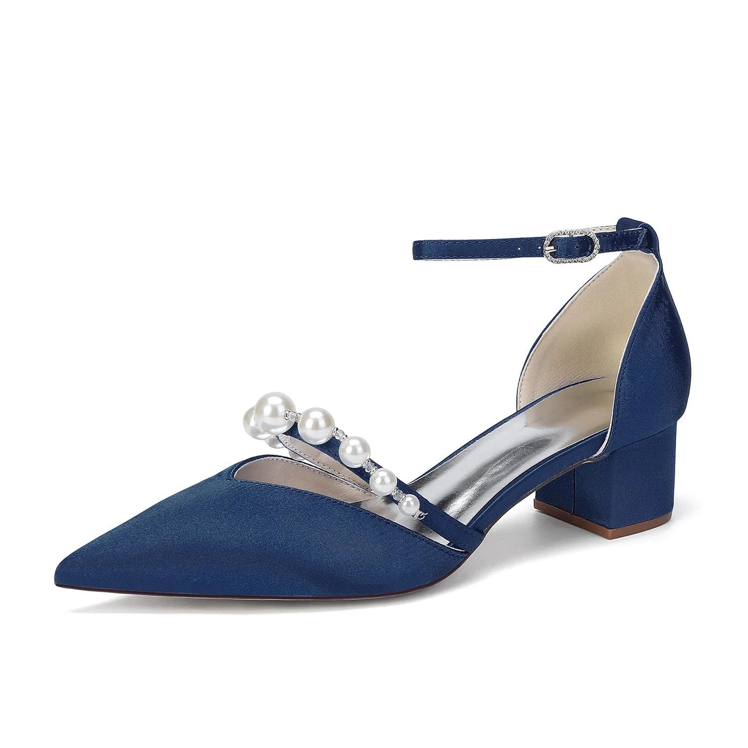 Women's Silk Satin With Closed Toe Ankle Strap Chunky Heel Evening Shoes With Pearl sold by Lavetir product image thumbnail 2