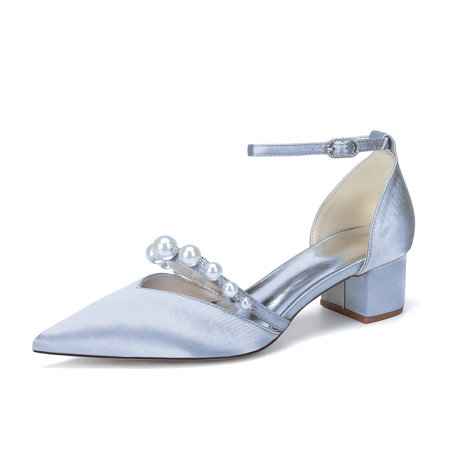 Women's Silk Satin With Closed Toe Ankle Strap Chunky Heel Evening Shoes With Pearl sold by Lavetir product image thumbnail 5