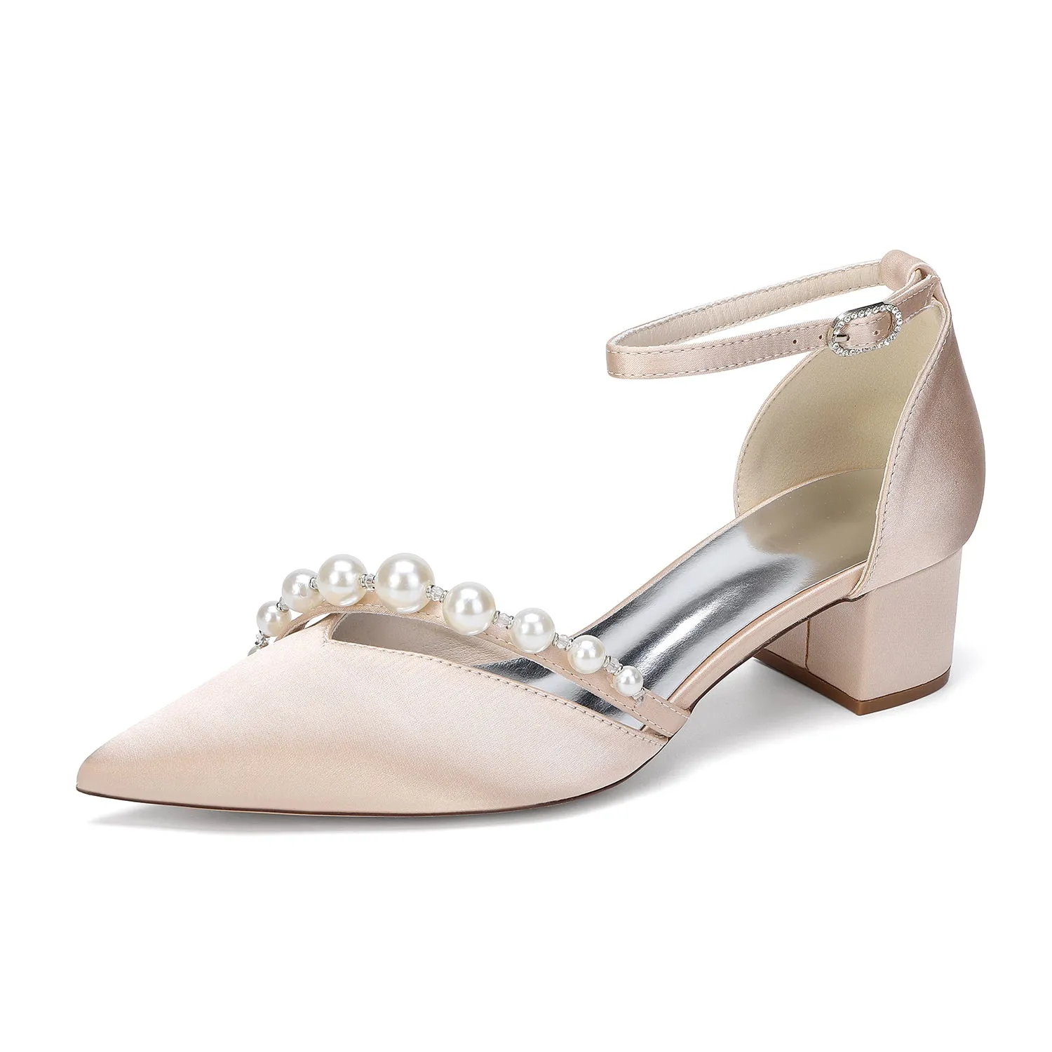 Women's Silk Satin With Closed Toe Ankle Strap Chunky Heel Evening Shoes With Pearl sold by Lavetir product image thumbnail 3