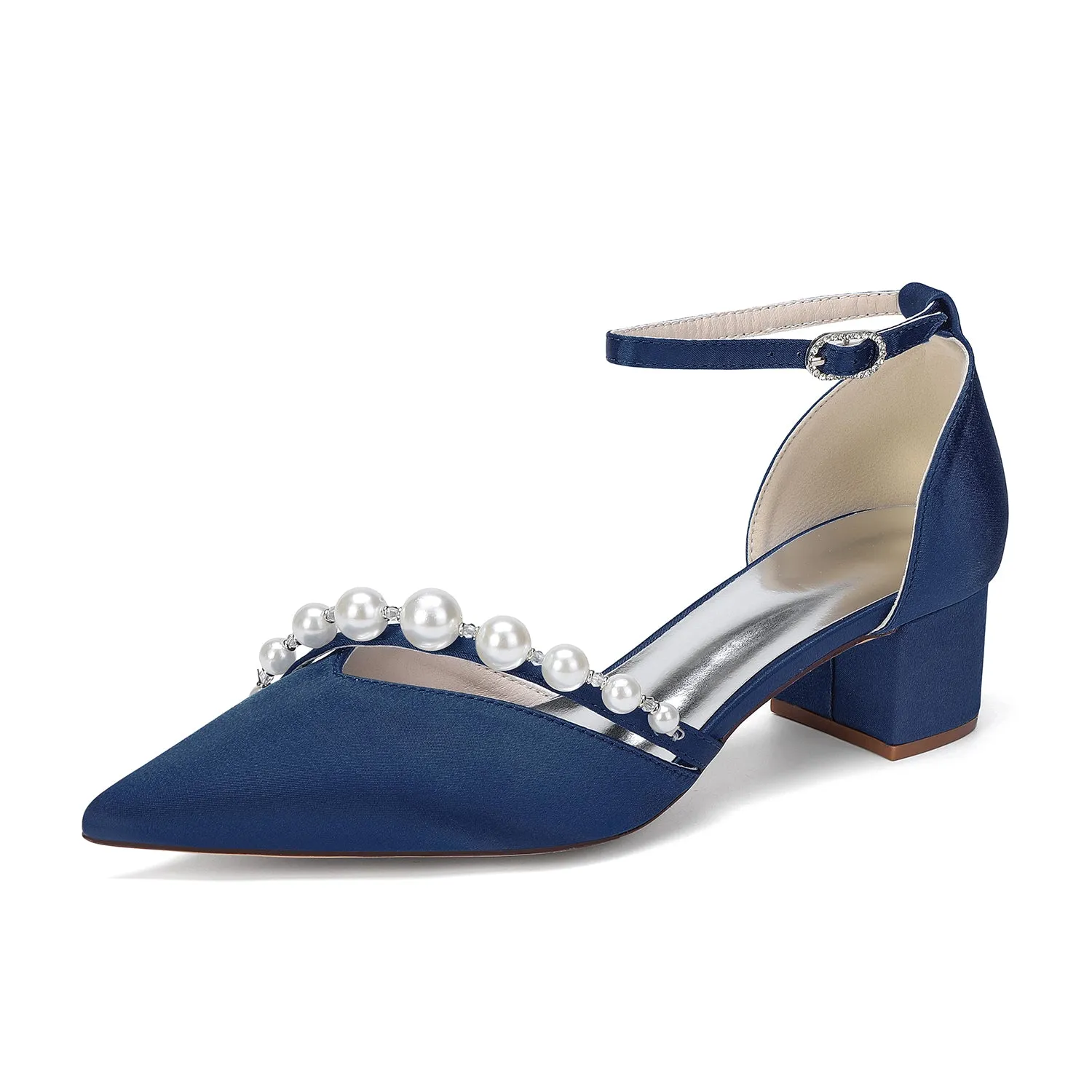 Women's Silk Satin With Closed Toe Ankle Strap Chunky Heel Evening Shoes With Pearl sold by Lavetir product image thumbnail 2