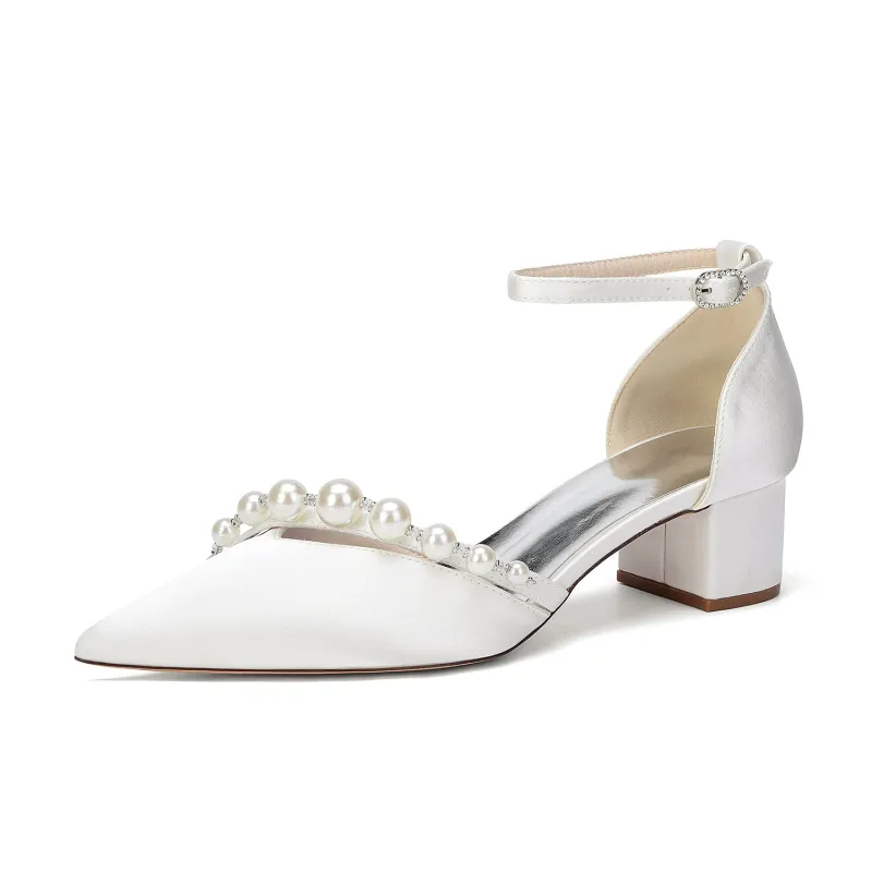 Women's Silk Satin With Closed Toe Ankle Strap Chunky Heel Evening Shoes With Pearl made by Lavetir