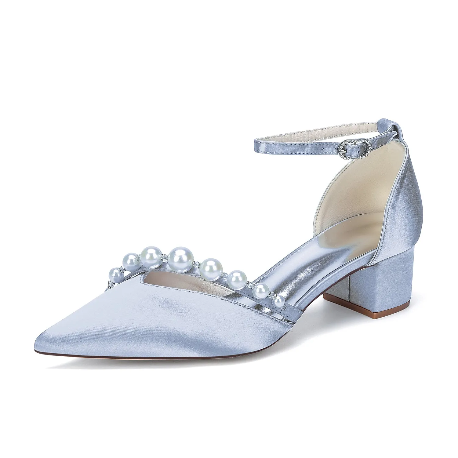 Women's Silk Satin With Closed Toe Ankle Strap Chunky Heel Evening Shoes With Pearl sold by Lavetir product image thumbnail 5