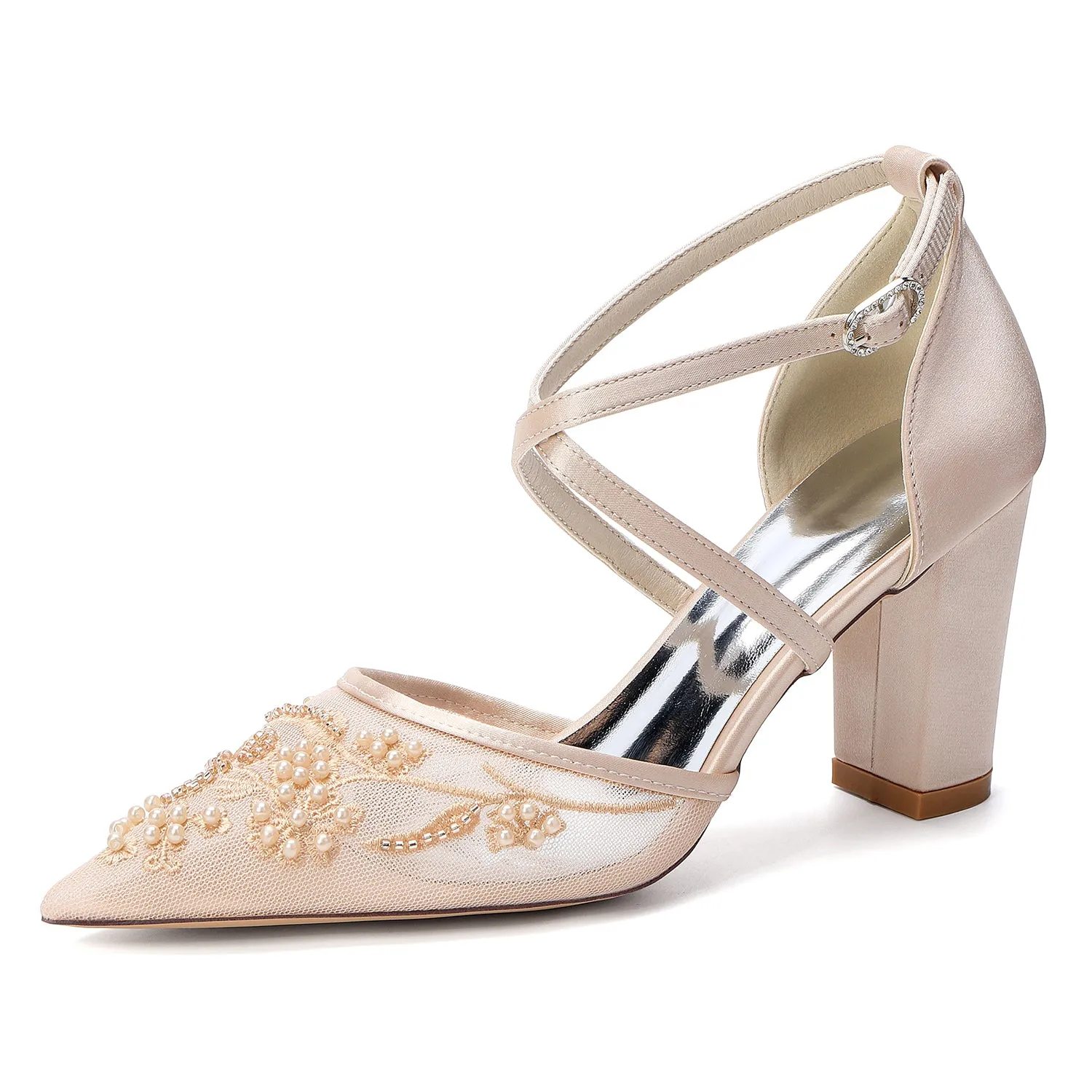 Women's Lace Silk Satin With Closed Toe Ankle Strap Chunky Heel Evening Shoes sold by Lavetir product image thumbnail 3