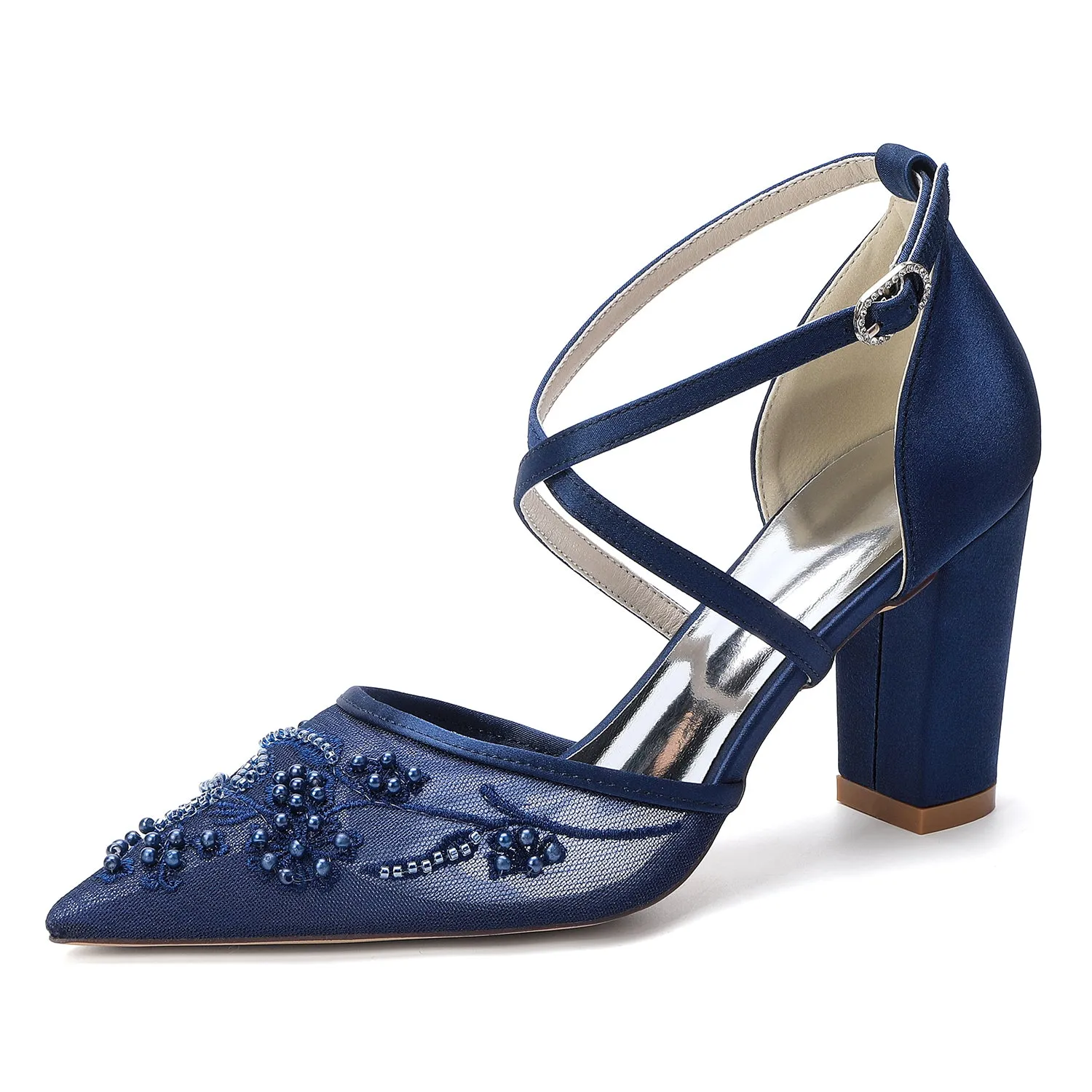 Women's Lace Silk Satin With Closed Toe Ankle Strap Chunky Heel Evening Shoes sold by Lavetir product image thumbnail 2