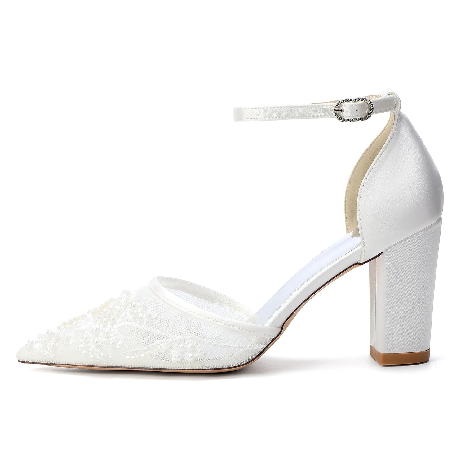 Women's Silk Satin With Lace Closed Toe Ankle Strap Chunky Heel Evening Shoes sold by Lavetir product image thumbnail 5