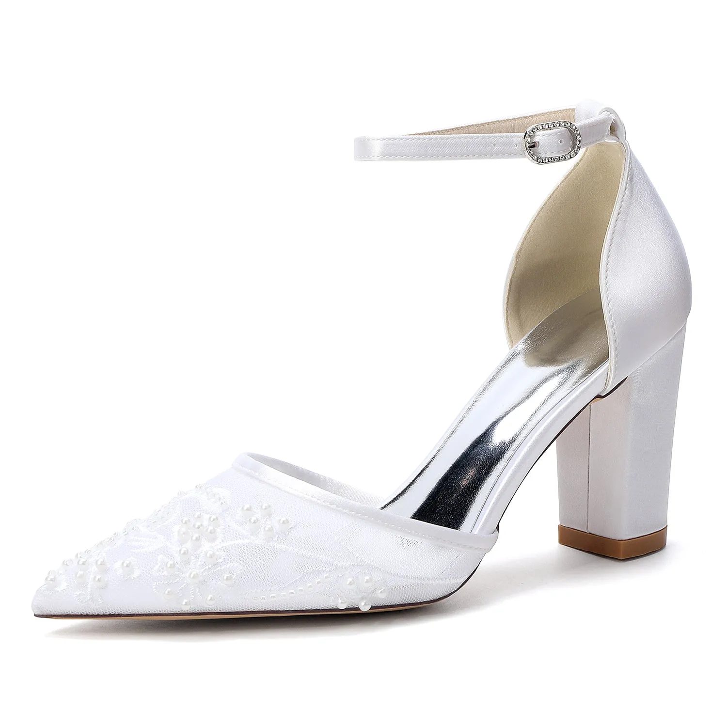 Women's Silk Satin With Lace Closed Toe Ankle Strap Chunky Heel Evening Shoes sold by Lavetir product image thumbnail 4