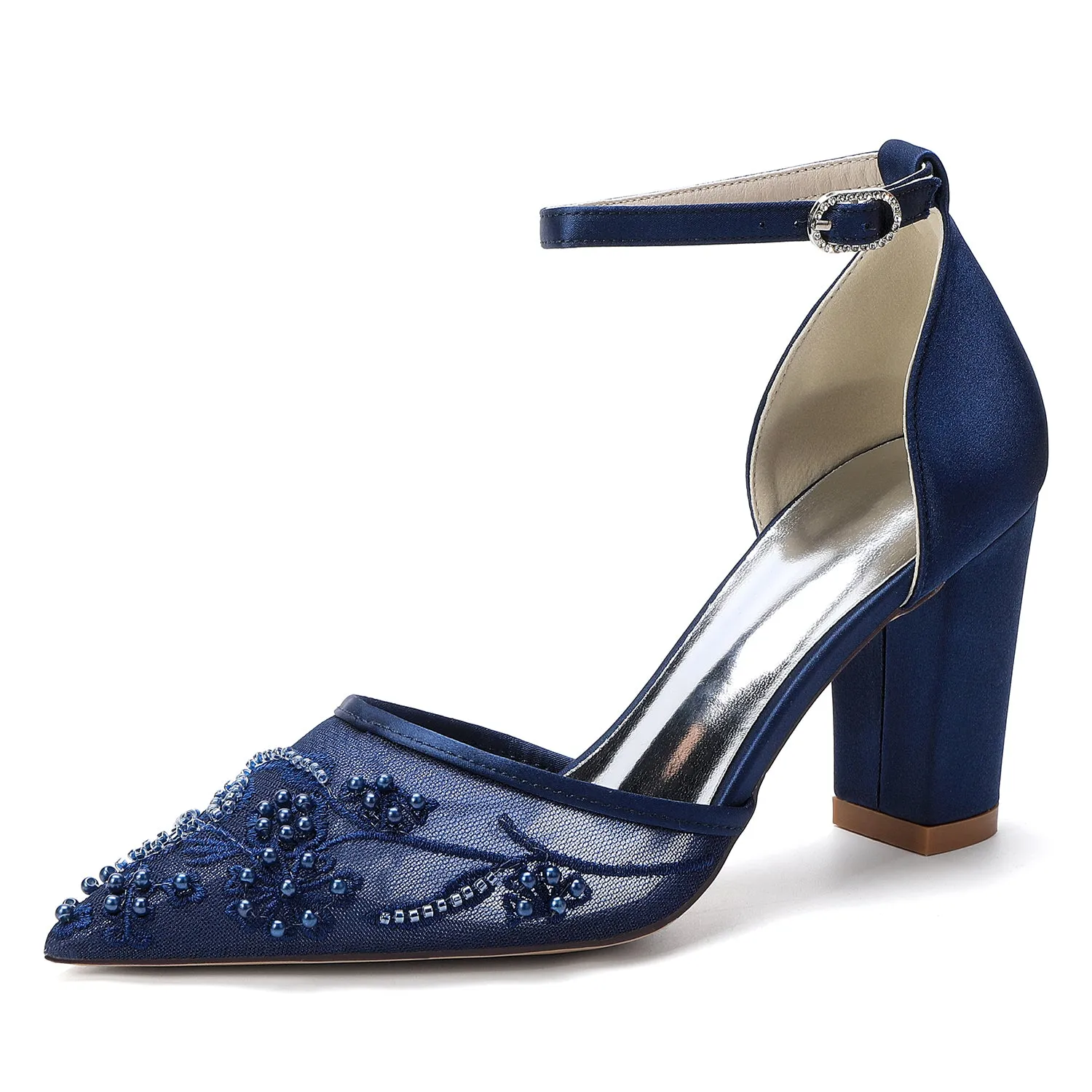 Women's Silk Satin With Lace Closed Toe Ankle Strap Chunky Heel Evening Shoes sold by Lavetir product image thumbnail 2