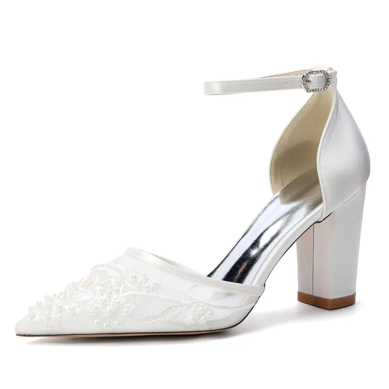 Women's Silk Satin With Lace Closed Toe Ankle Strap Chunky Heel Evening Shoes made by Lavetir