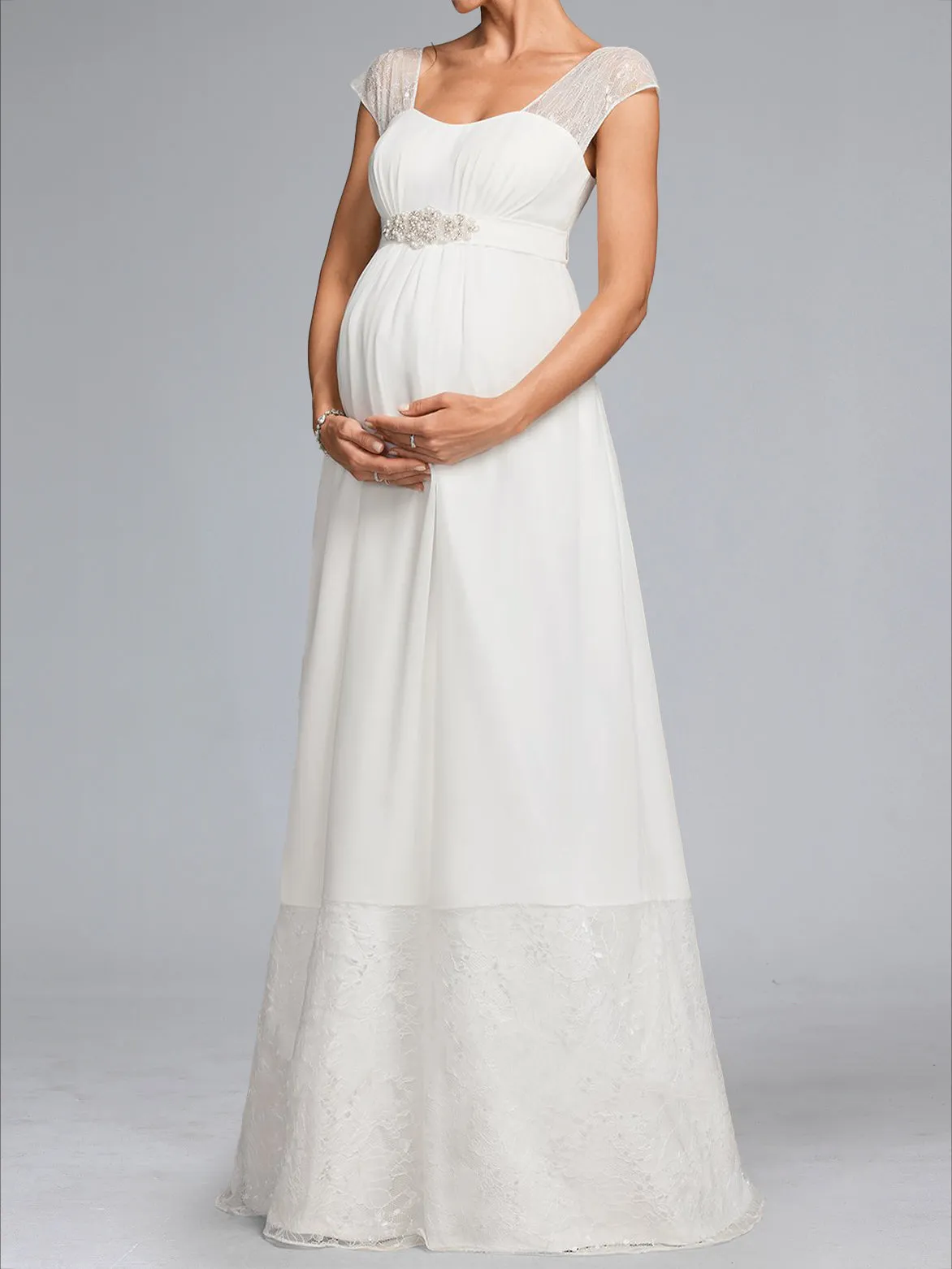 A-Line/Princess Square Neck Floor-Length Chiffon Maternity Wedding Dresses with Lace sold by Lavetir product image thumbnail 4