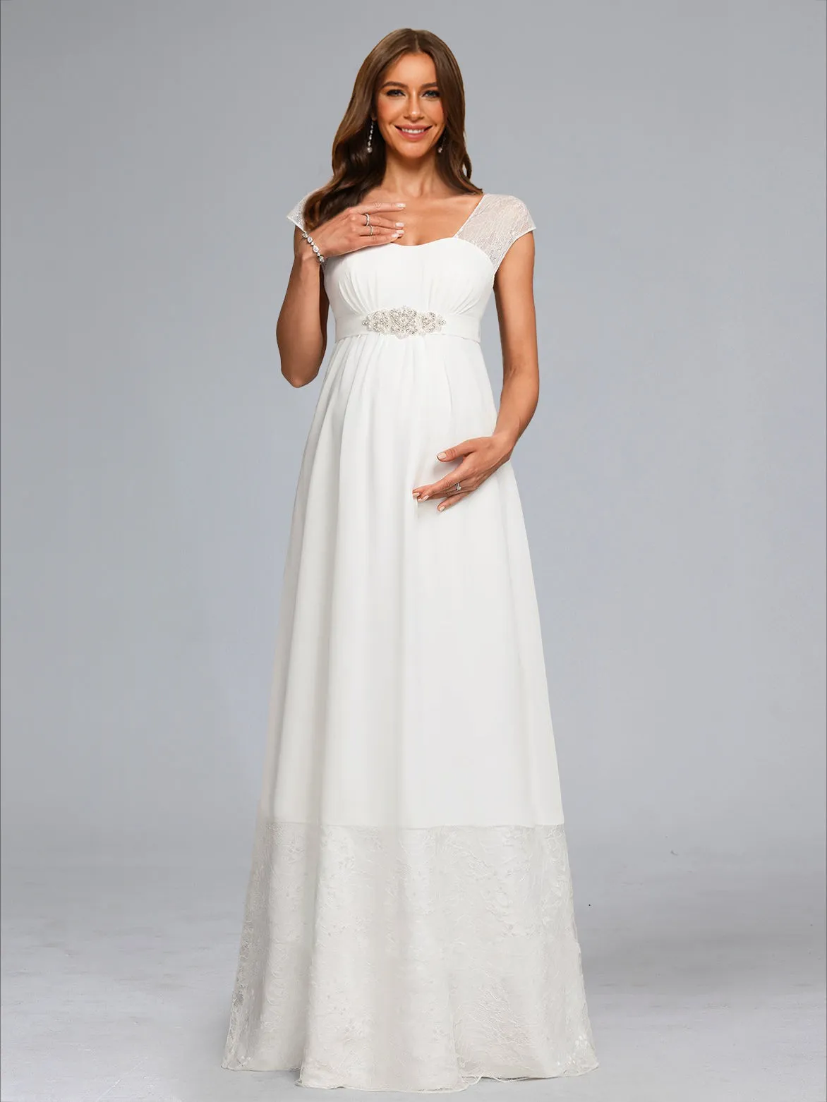 A-Line/Princess Square Neck Floor-Length Chiffon Maternity Wedding Dresses with Lace sold by Lavetir