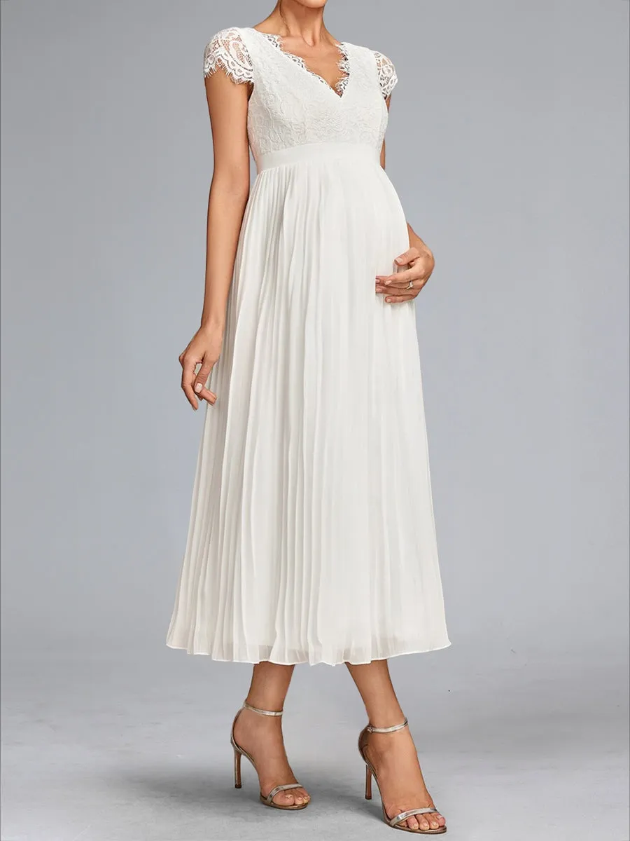 A-Line/Princess V-Neck Tea-Length Chiffon Pleated Maternity Wedding Dresses with Lace sold by Lavetir product image thumbnail 3