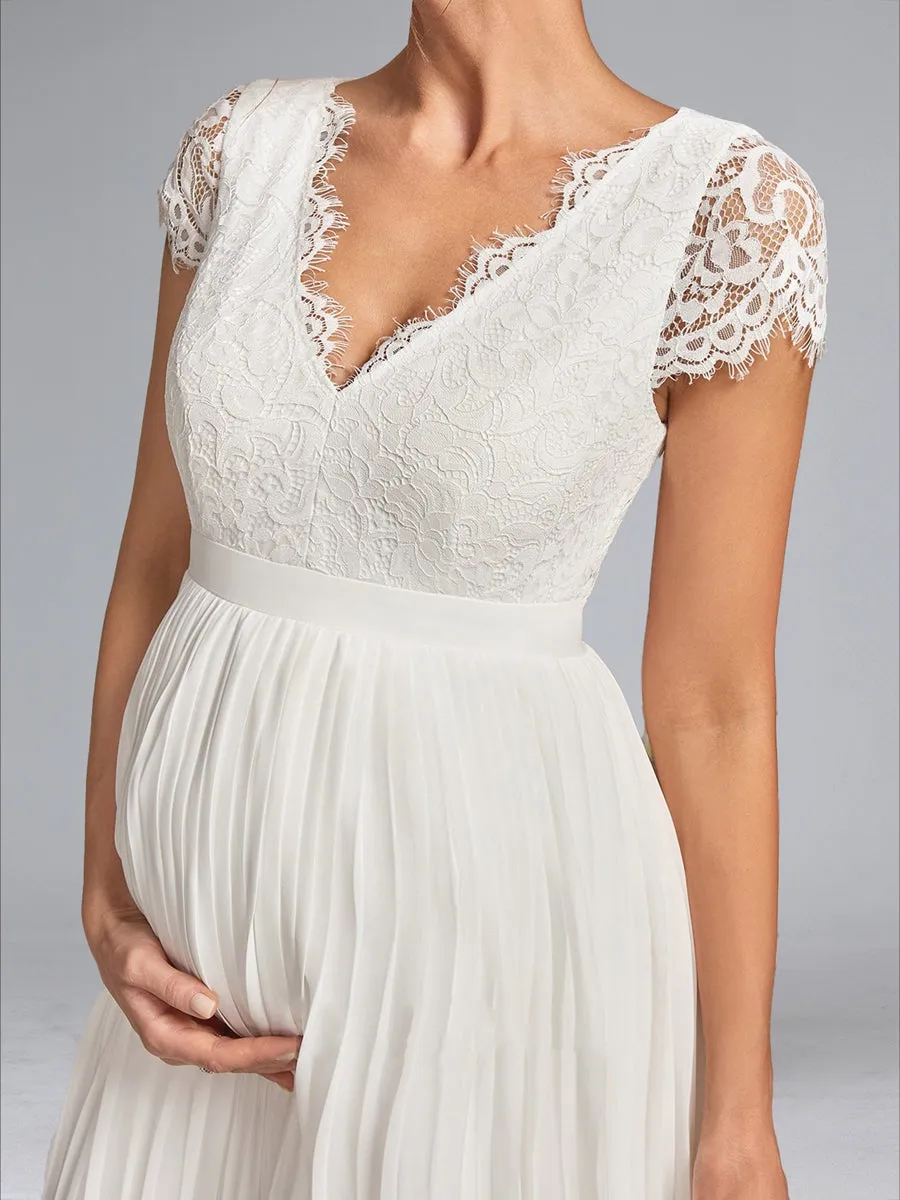 A-Line/Princess V-Neck Tea-Length Chiffon Pleated Maternity Wedding Dresses with Lace sold by Lavetir product image thumbnail 4