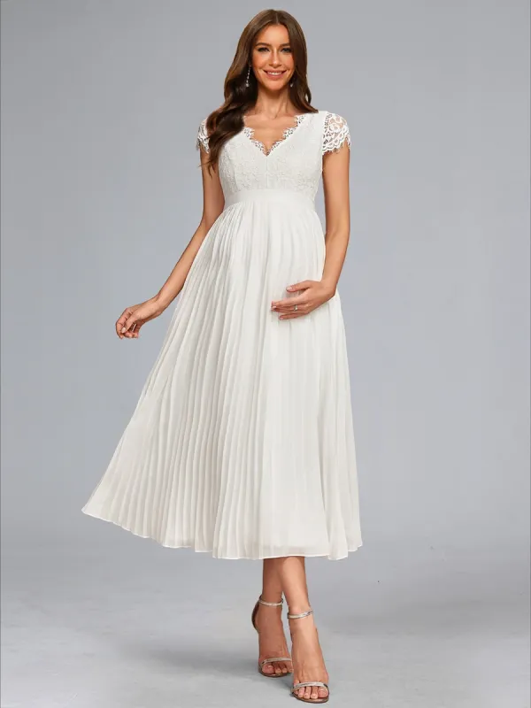 A-Line/Princess V-Neck Tea-Length Chiffon Pleated Maternity Wedding Dresses with Lace made by Lavetir