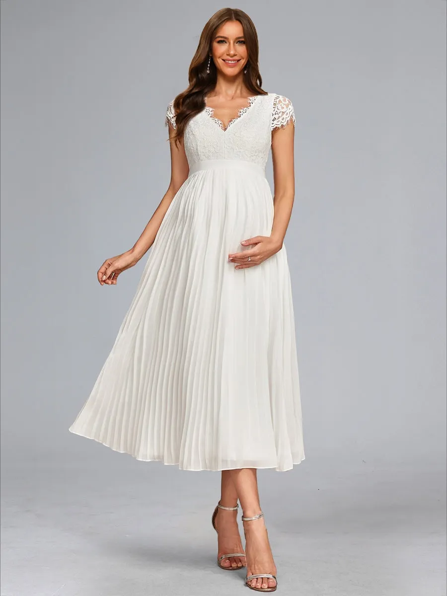 A-Line/Princess V-Neck Tea-Length Chiffon Pleated Maternity Wedding Dresses with Lace sold by Lavetir