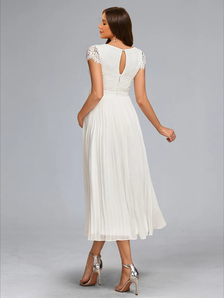 A-Line/Princess V-Neck Tea-Length Chiffon Pleated Maternity Wedding Dresses with Lace sold by Lavetir product image thumbnail 2