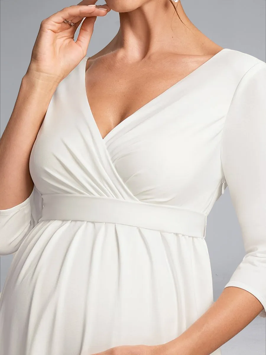 A-Line/Princess V-Neck 3/4 Sleeves Tea-Length Maternity Wedding Dresses with Bowknot sold by Lavetir product image thumbnail 4