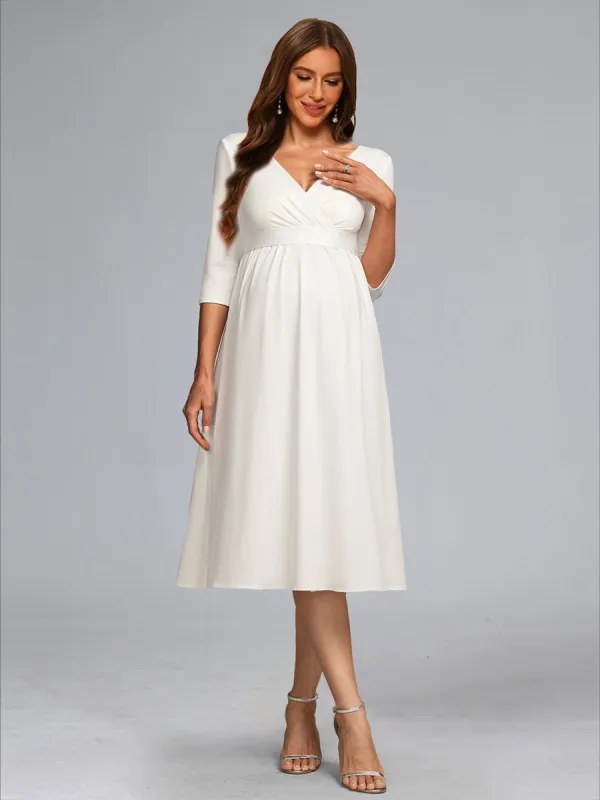 A-Line/Princess V-Neck 3/4 Sleeves Tea-Length Maternity Wedding Dresses with Bowknot made by Lavetir