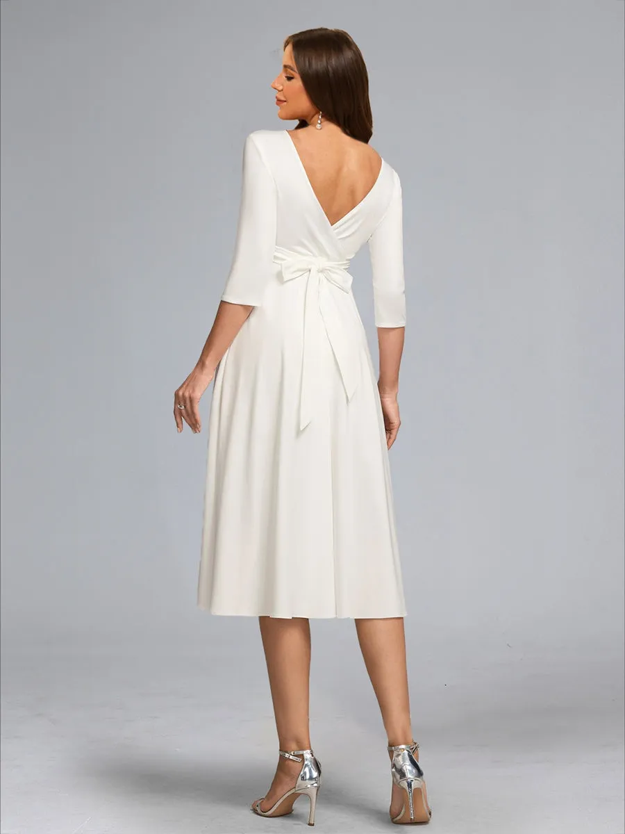 A-Line/Princess V-Neck 3/4 Sleeves Tea-Length Maternity Wedding Dresses with Bowknot sold by Lavetir product image thumbnail 2