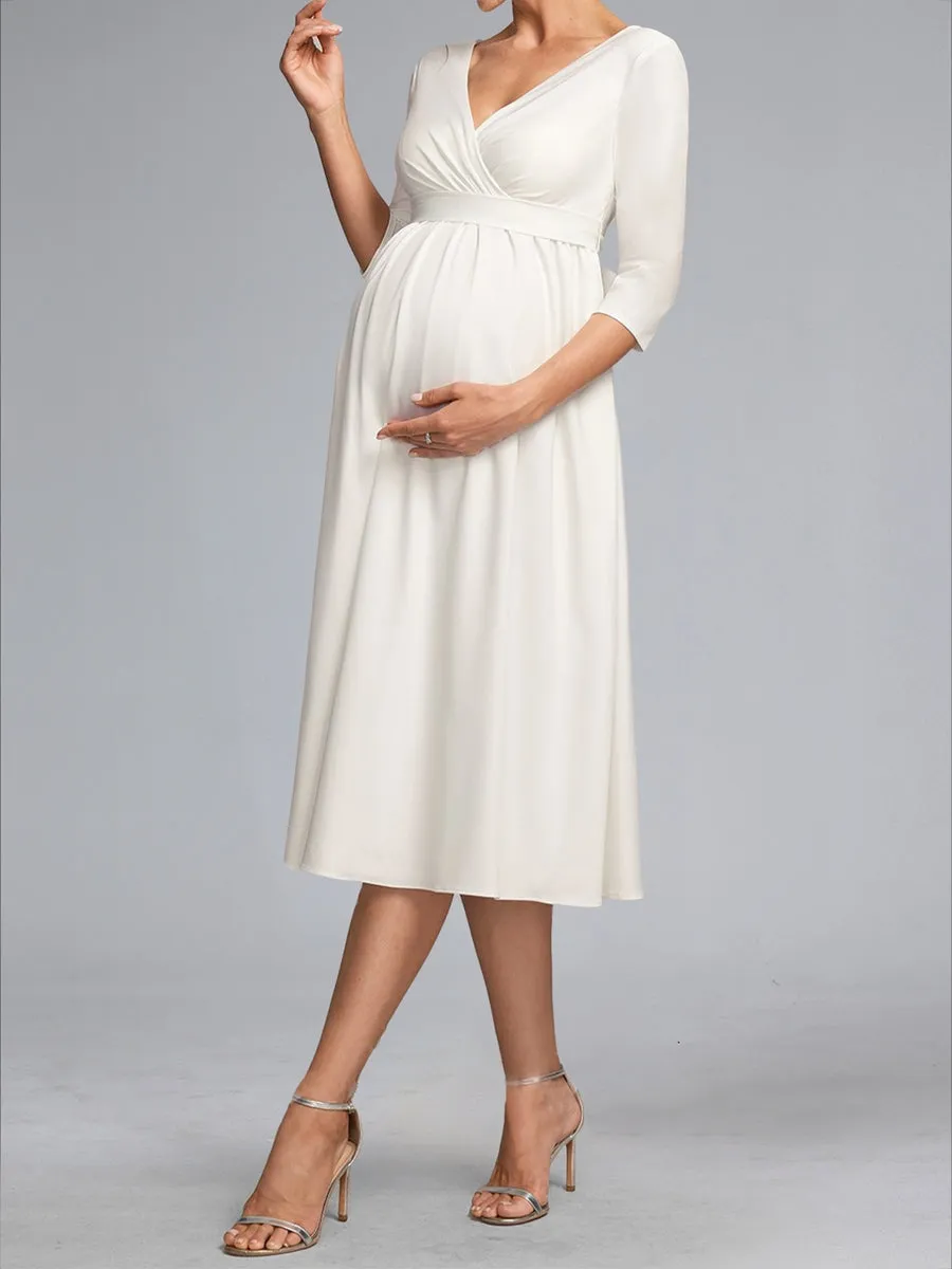 A-Line/Princess V-Neck 3/4 Sleeves Tea-Length Maternity Wedding Dresses with Bowknot sold by Lavetir product image thumbnail 3