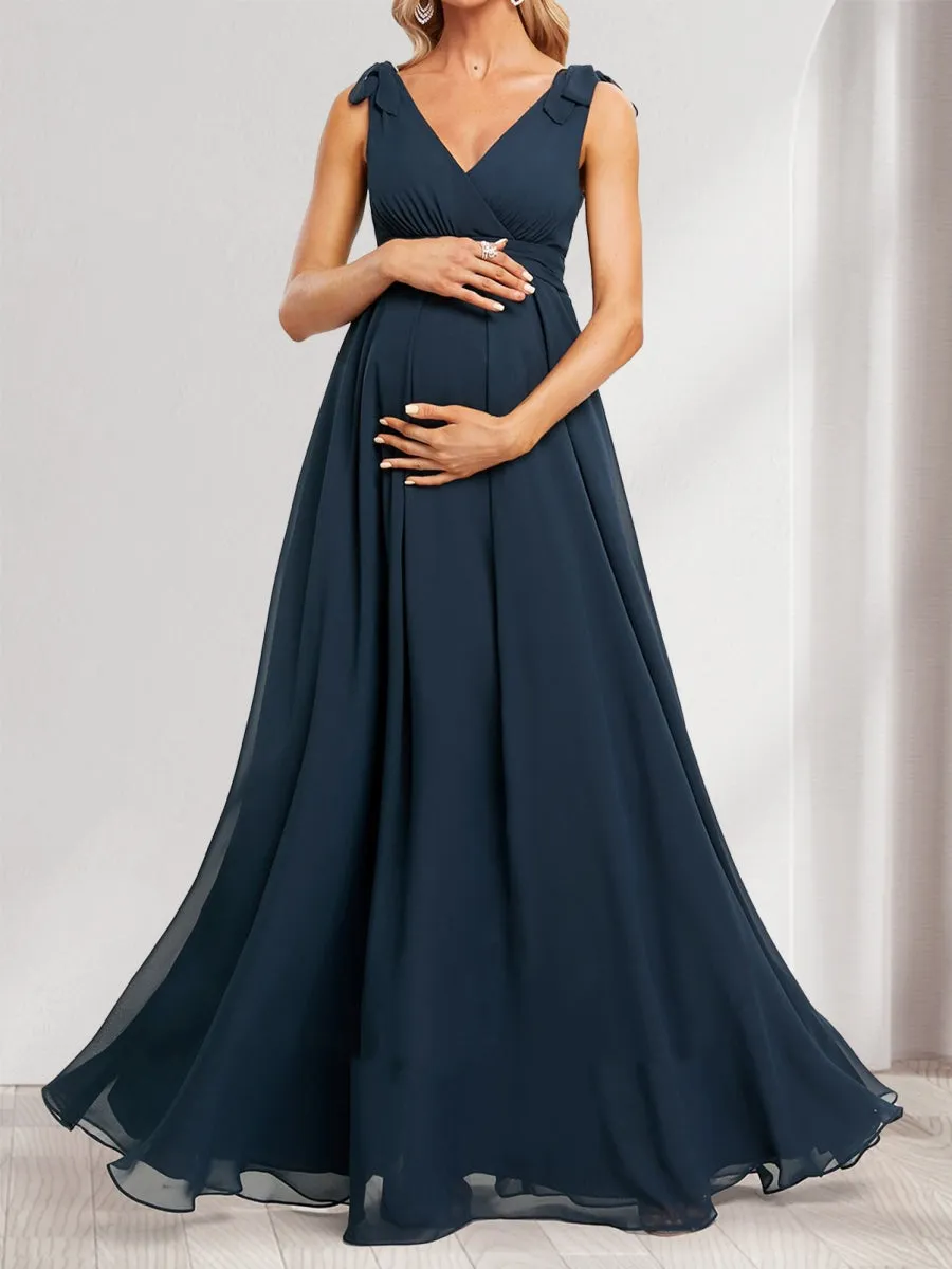 A-Line/Princess V-Neck Sleeveless Floor-Length Maternity Bridesmaid Dresses with Ruffle & Bow sold by Lavetir product image thumbnail 4