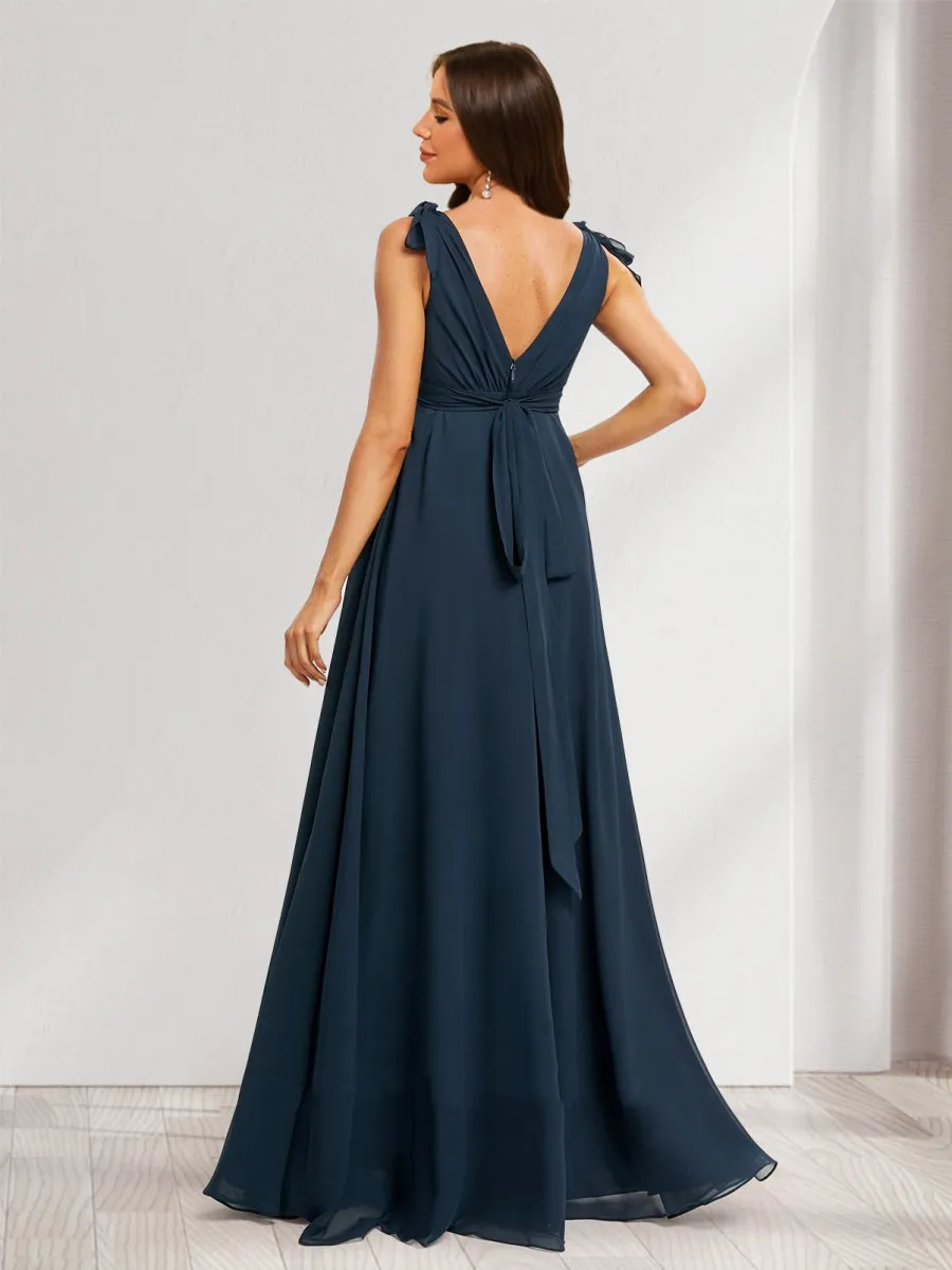 A-Line/Princess V-Neck Sleeveless Floor-Length Maternity Bridesmaid Dresses with Ruffle & Bow sold by Lavetir product image thumbnail 2