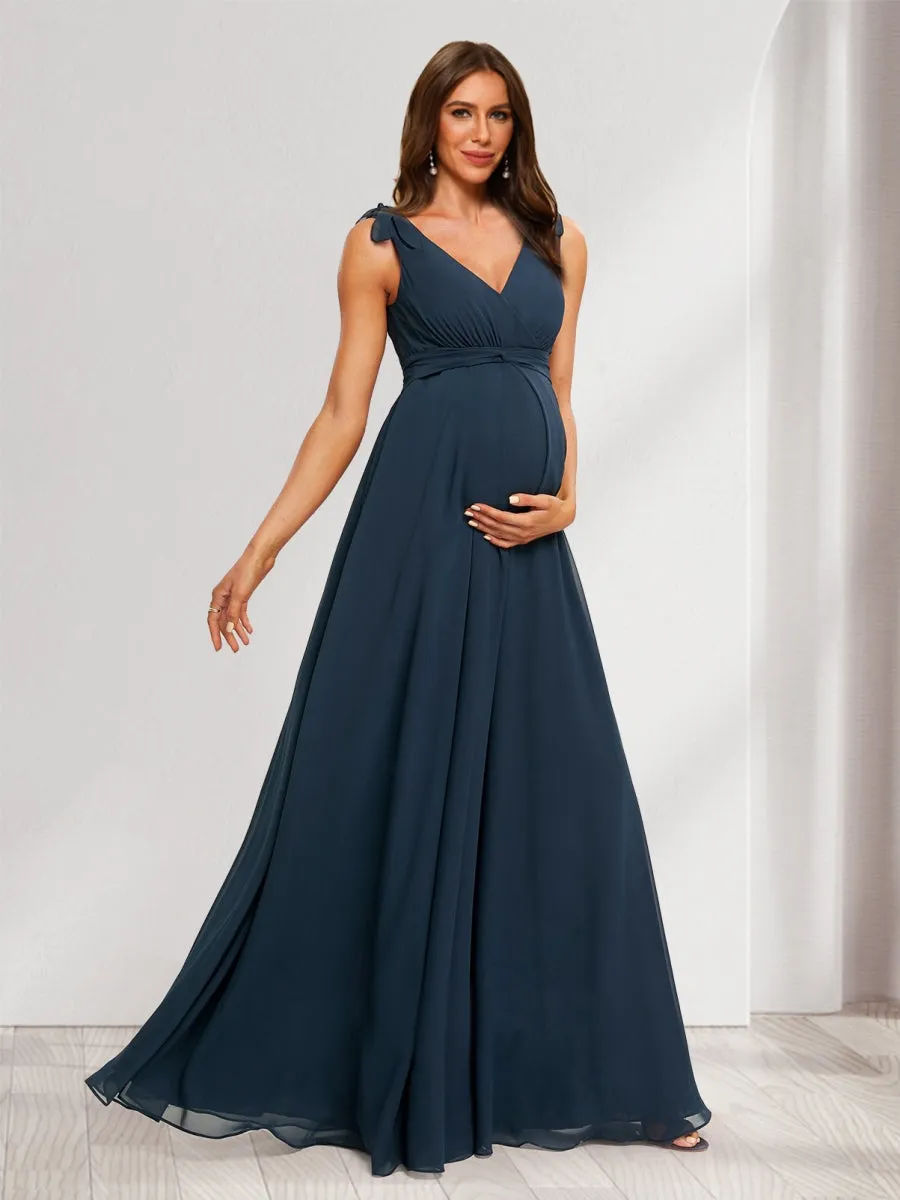 A-Line/Princess V-Neck Sleeveless Floor-Length Maternity Bridesmaid Dresses with Ruffle & Bow sold by Lavetir